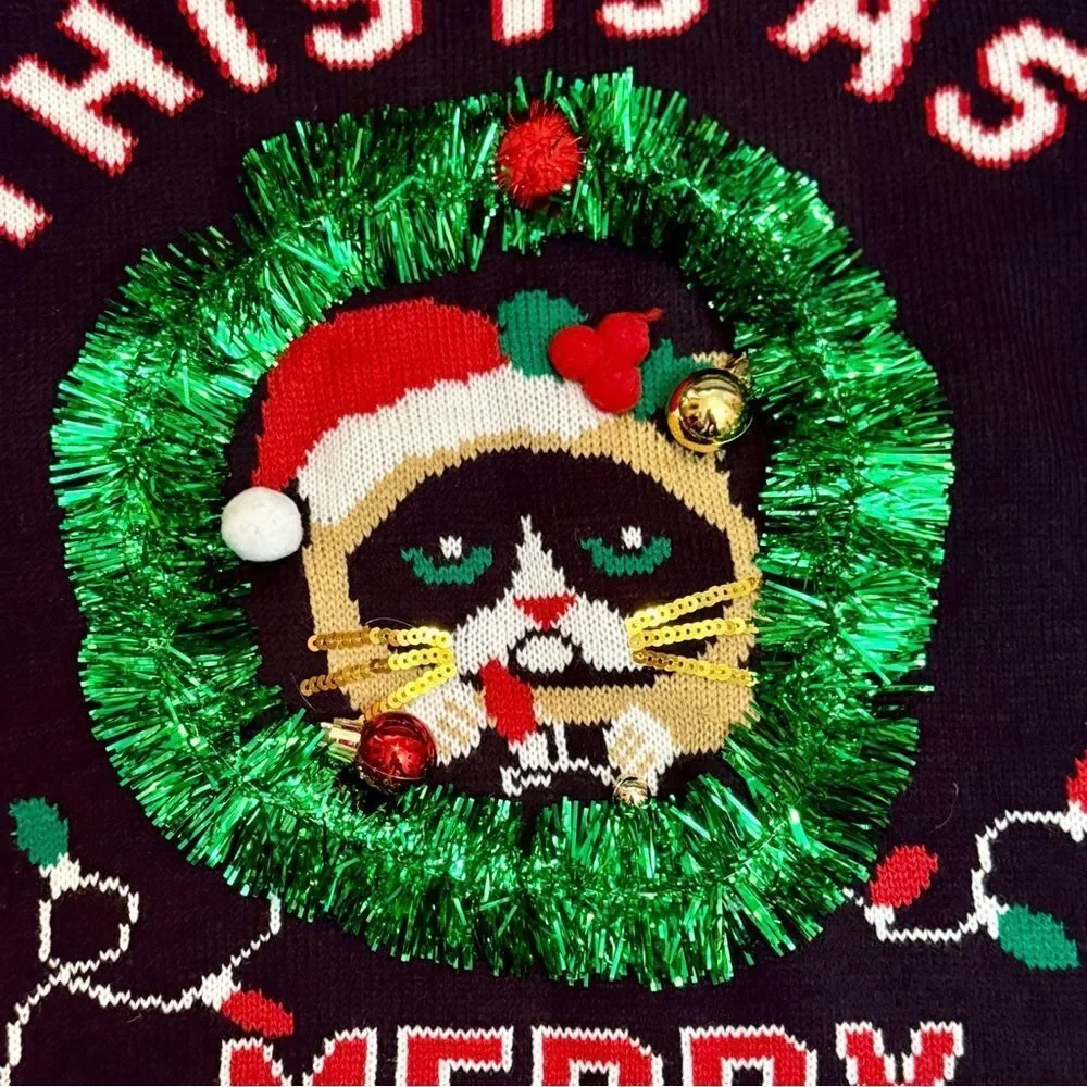 NWOT No Boundaries No|Bo Grumpy Cat Ugly Christmas Sweater - Real Bells & Tinsel